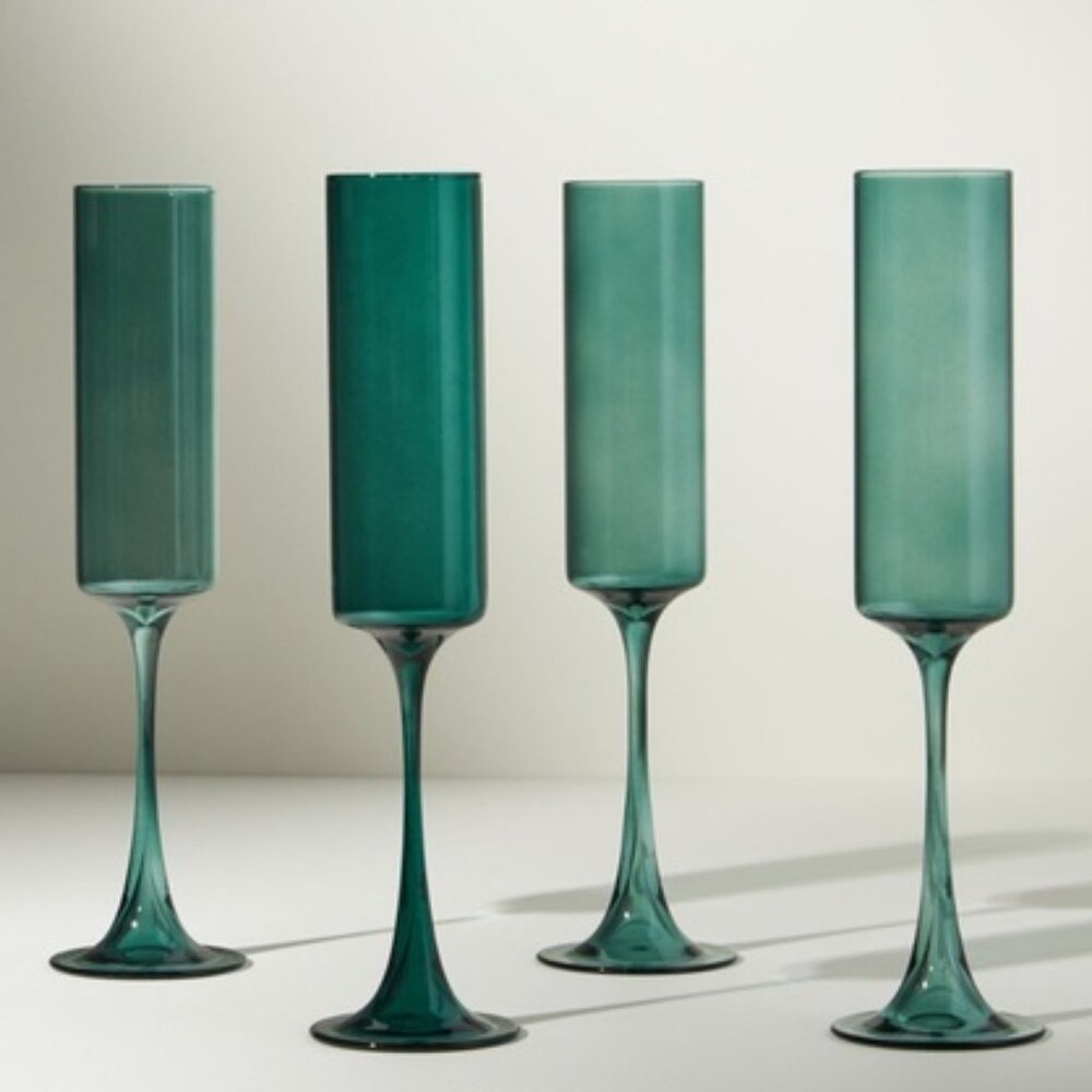 Morgan Champagne Flutes, Pair of Two, Holiday Green Toasting Glasses